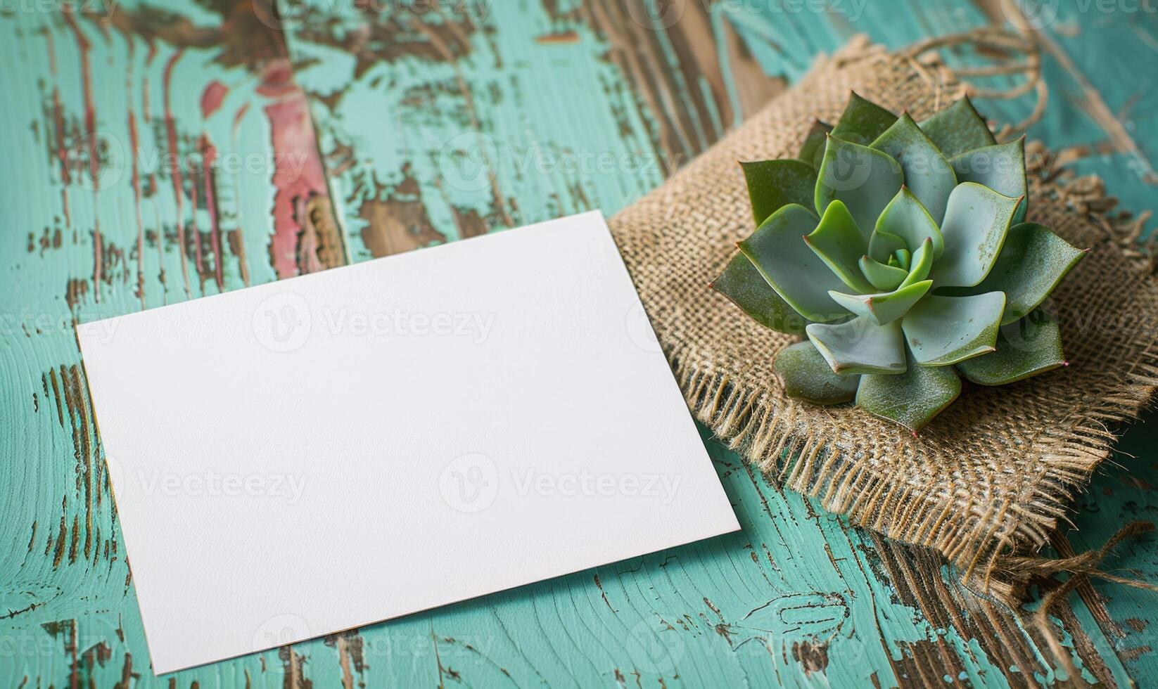 White blank card on a pastel green table, with a piece of burlap and a small succulent plant photo