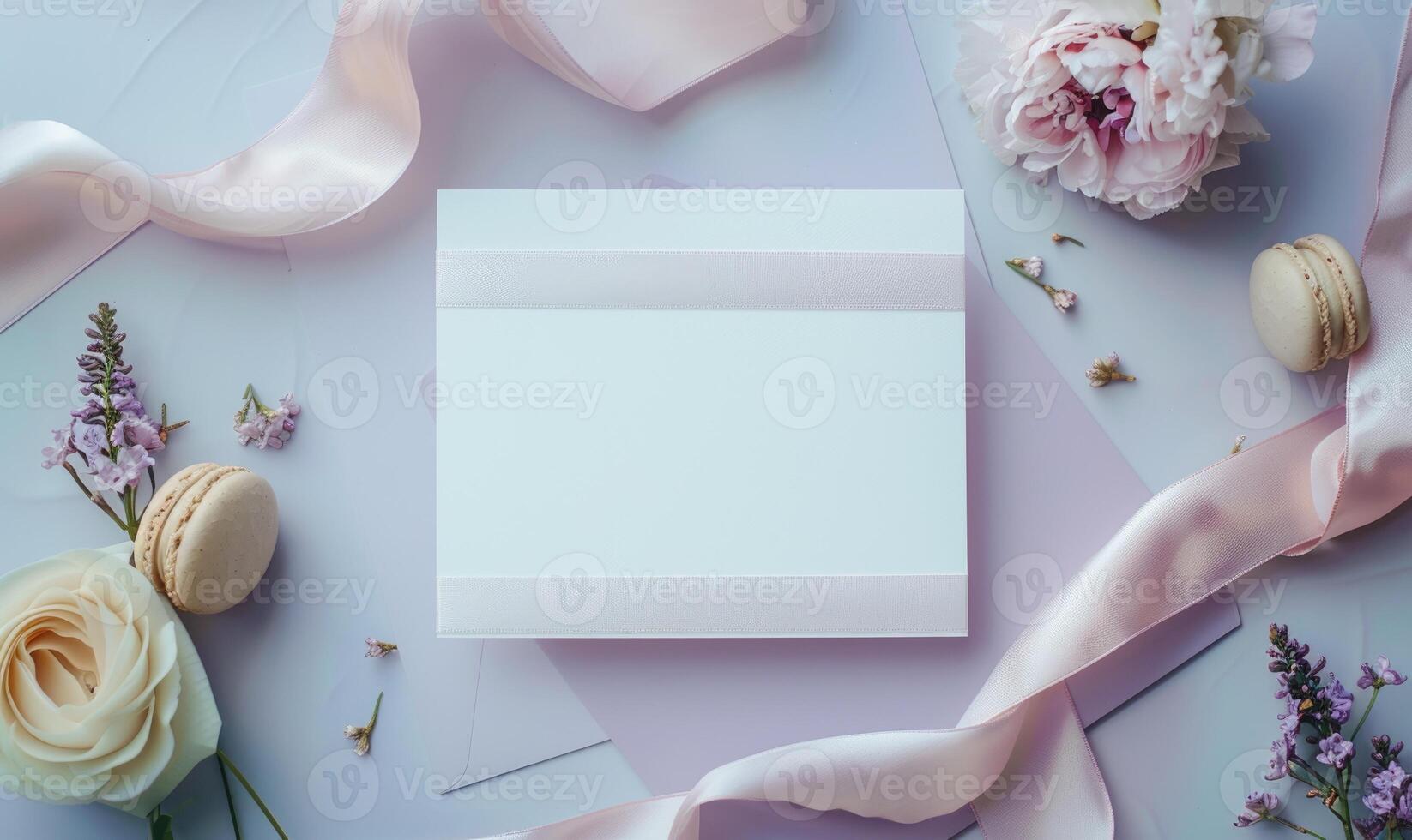 White blank card on a pastel lilac table, with a silk ribbon and a small box of macarons photo