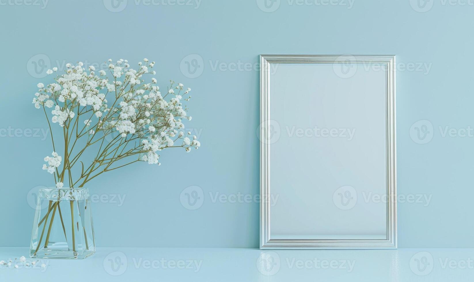 White blank card in a silver frame on a pastel blue background, with a small bouquet of white flowers photo
