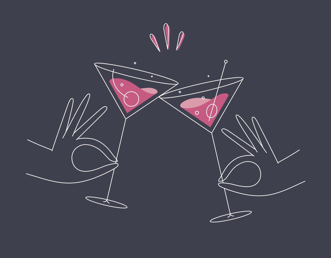 Hand holding cosmopolitan and manhattan cocktails clinking glasses drawing in flat line style on dark blue background vector