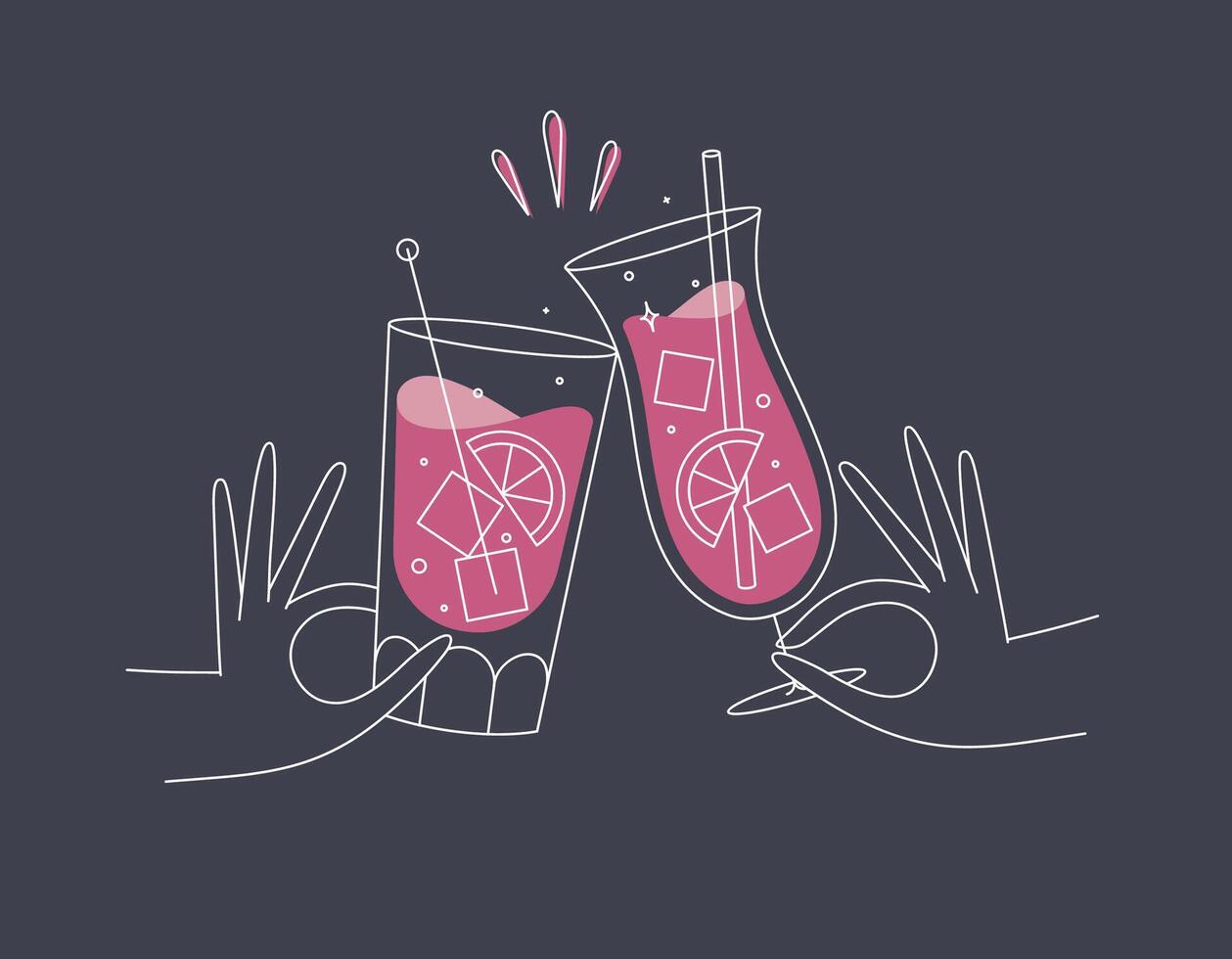 Hand holding pina colada and cuba libre cocktails clinking glasses drawing in flat line style on dark blue background vector