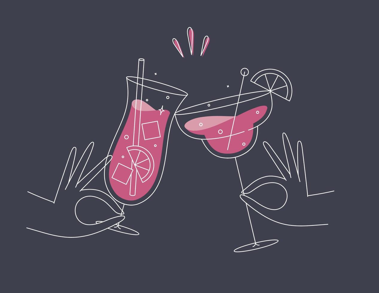 Hand holding pina colada and margarita cocktails clinking glasses drawing in flat line style on dark blue background vector