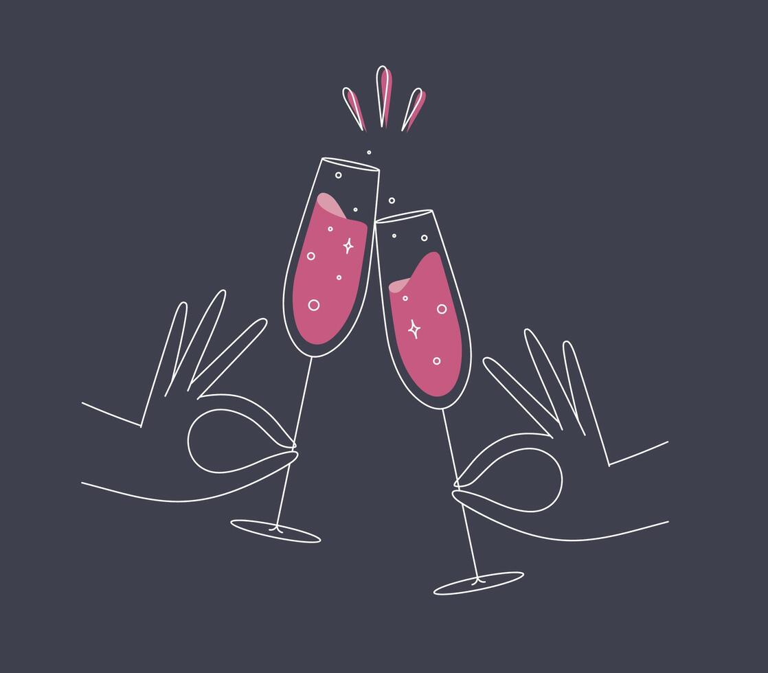 Hand holding champagne clinking glasses drawing in flat line style on dark blue background vector