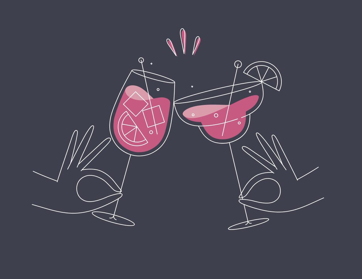 Hand holding margarita and sprits cocktails clinking glasses drawing in flat line style on dark blue background vector