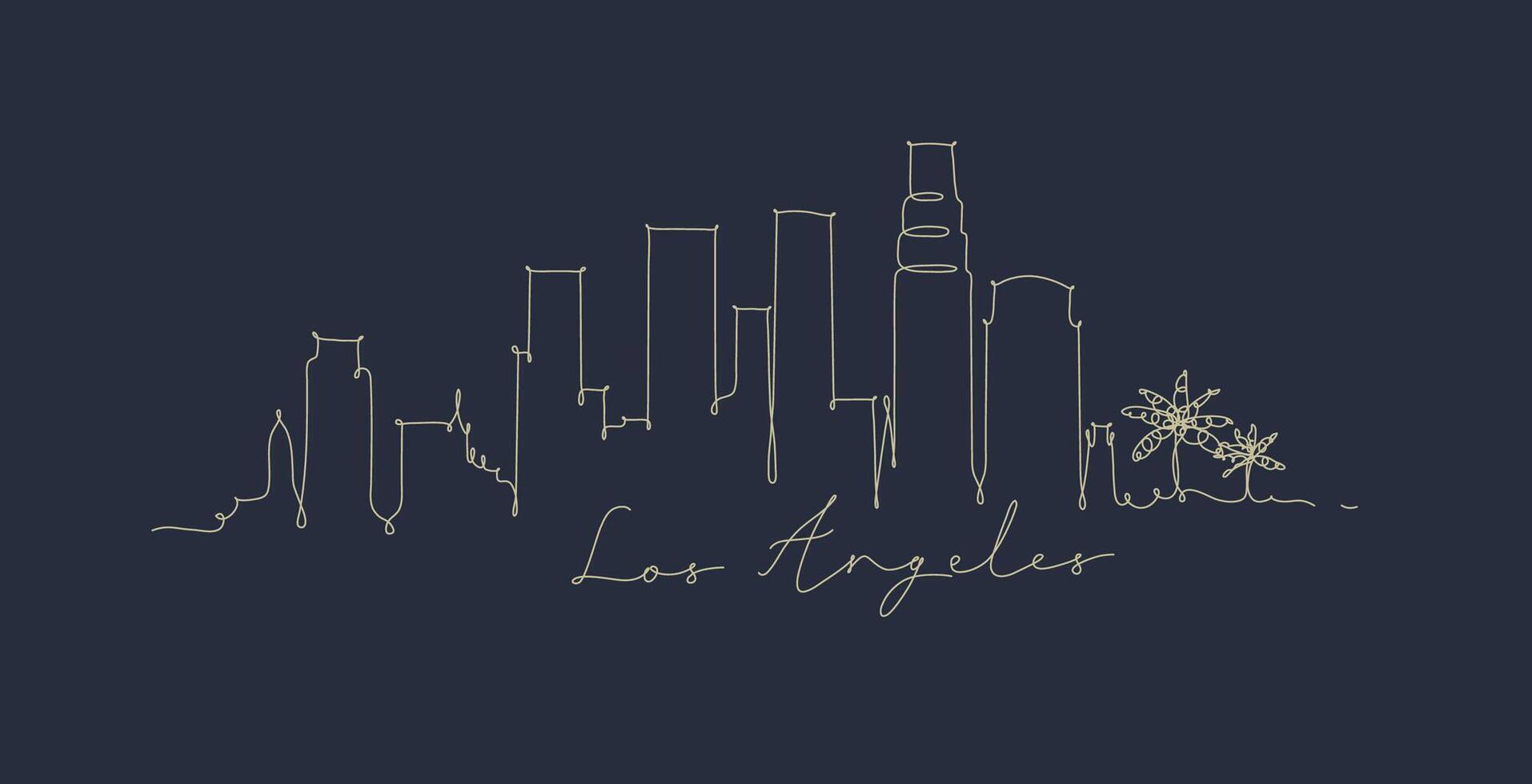 City silhouette los angeles in pen line style drawing with beige lines on dark blue background vector