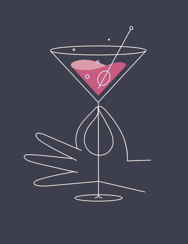 Hand holding glass of cosmopolitan cocktail drawing in flat line style on dark blue background vector