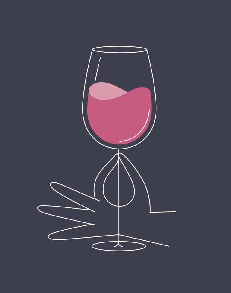 Hand holding glass of wine drawing in flat line style drawing on beige background vector