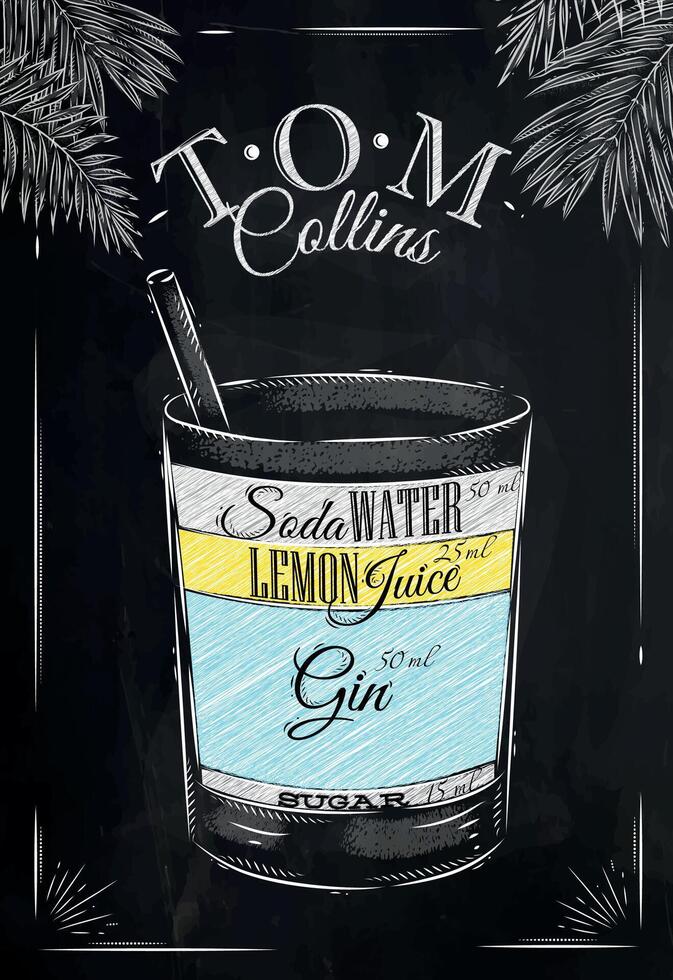 Tom Collins cocktail in vintage style stylized drawing with chalk on blackboard vector