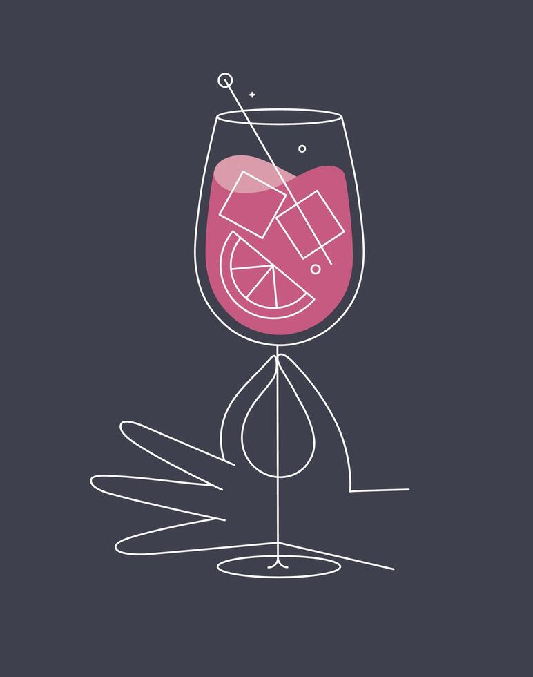 Hand holding glass of spritz cocktail drawing in flat line style on dark blue background vector