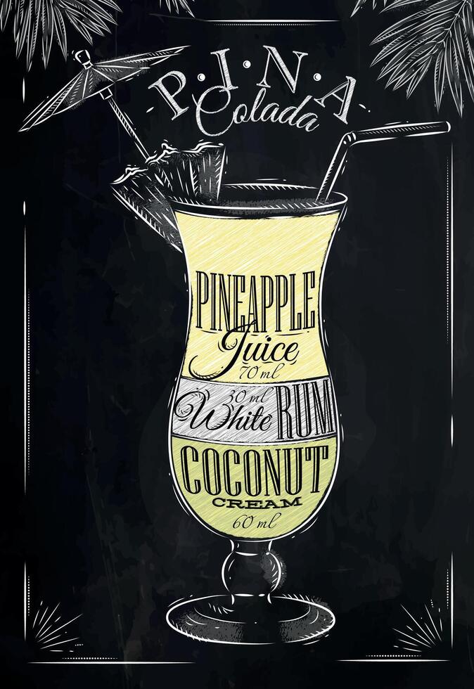 Pina Colada cocktail in vintage style stylized drawing with chalk on blackboard vector