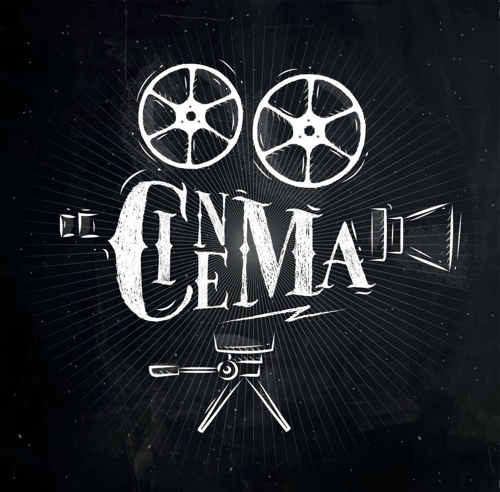 Poster movie camera lettering cinema in vintage style drawing with chalk on chalkboard background vector