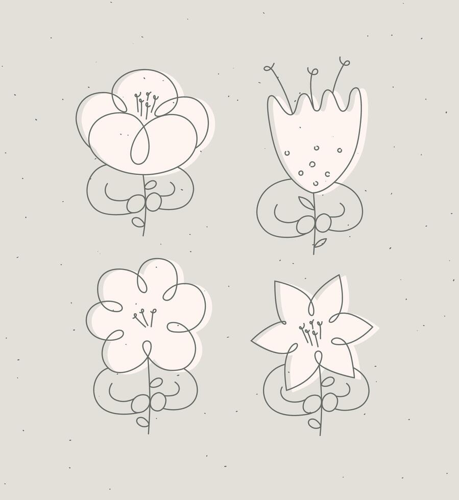 Man with flower set drawing in minimalism linear style drawing on beige background vector