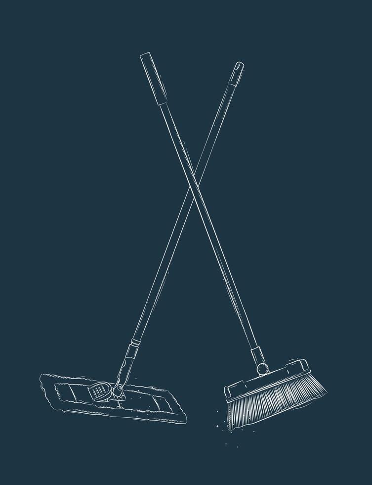 Flat mop and broom drawing in graphic style on blue background vector