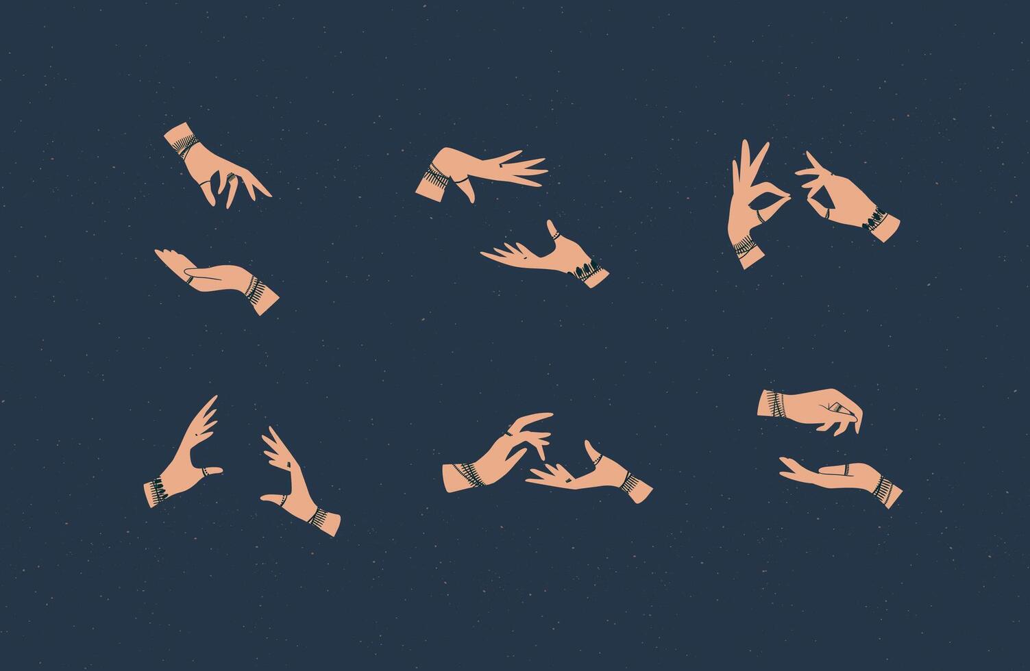 Hands pair with bracelets and rings in ethnical style in different positions to express emotions drawing on blue background vector