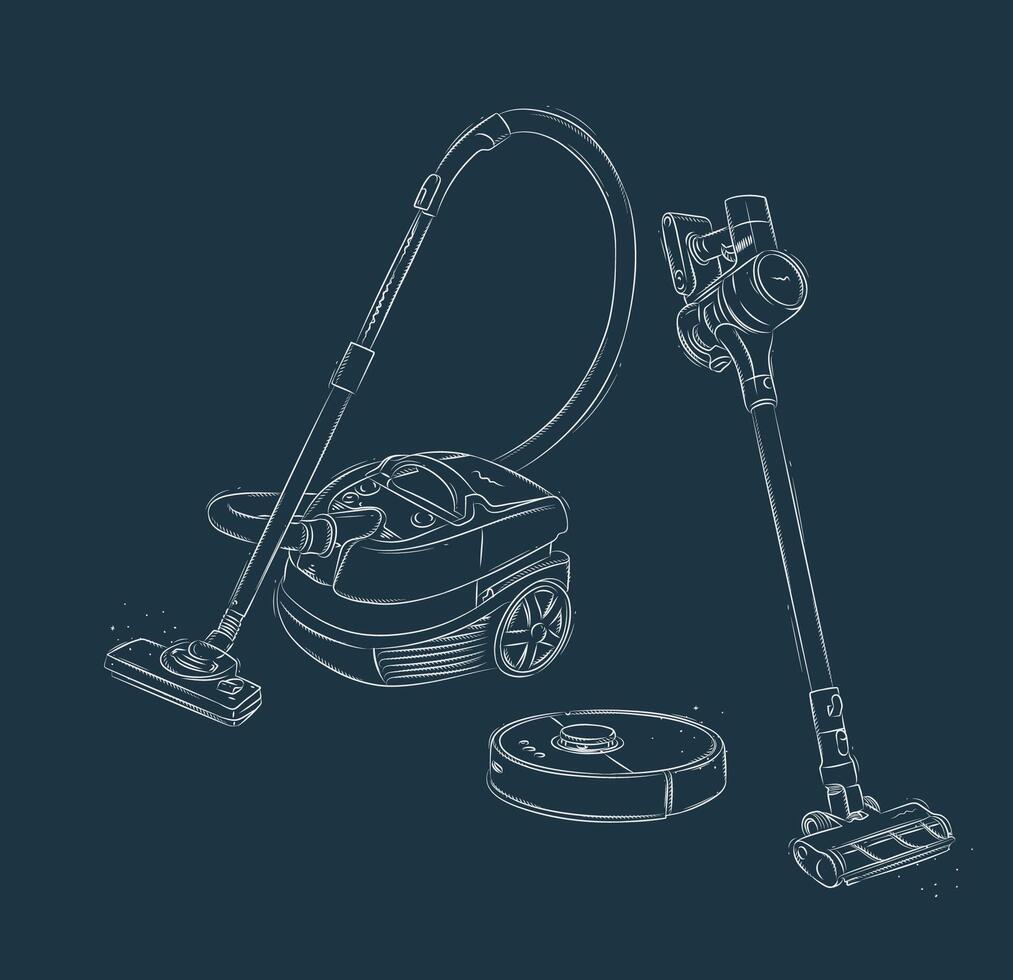 Vacuum cleaner types regular, cordless, robot drawing in graphic style on blue background vector