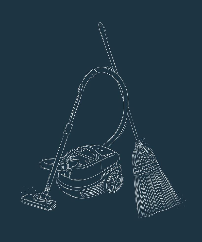 Vacuum cleaner and broom drawing in graphic style on blue background vector