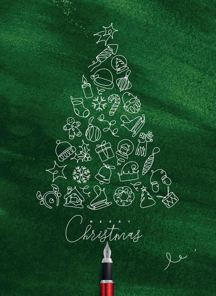 Christmas toy tree drawing with pen line on green background vector