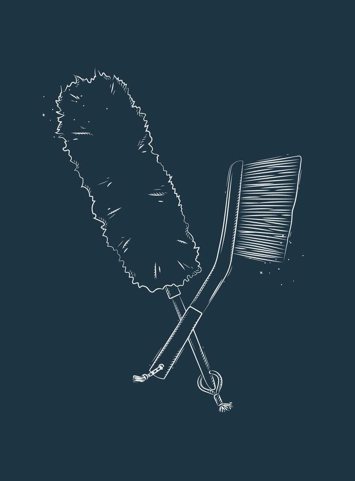 Dust remover tool and brush drawing in graphic style on blue background vector