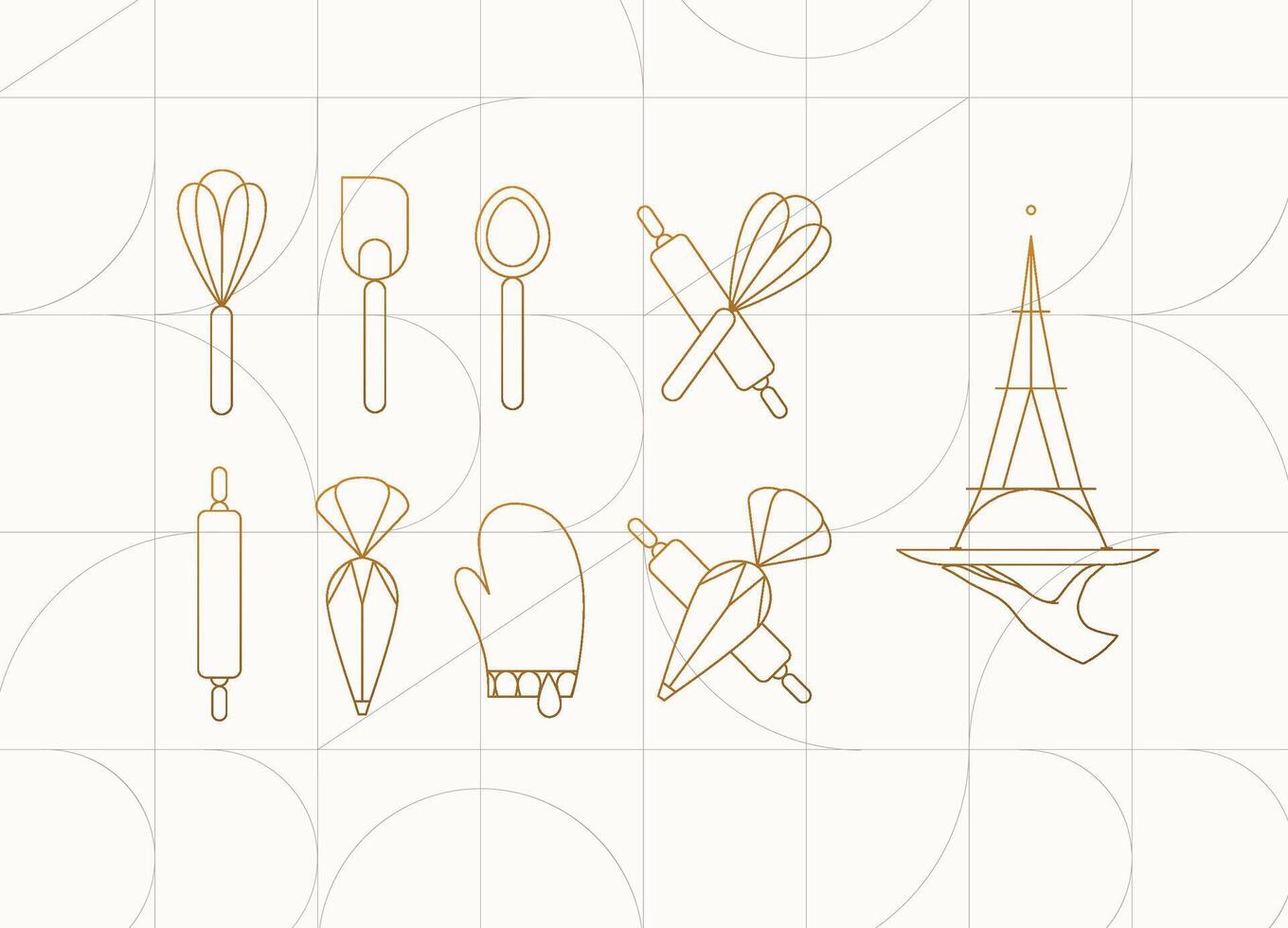 Kitchen utensils in art deco style to prepare bakery products whisk, spatula, measuring spoon, rolling pin, pastry bag, potholder, dish drawing on beige background vector