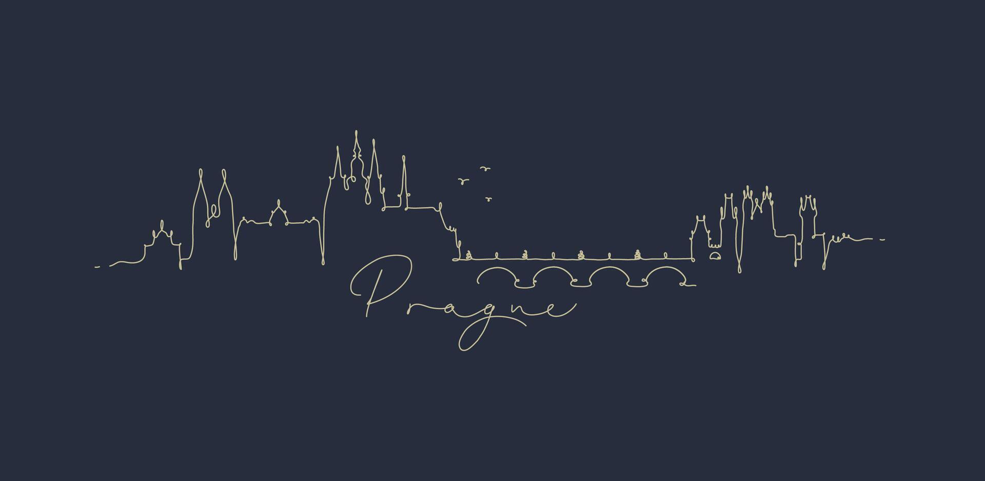 City silhouette prague in pen line style drawing with beige lines on dark blue background vector