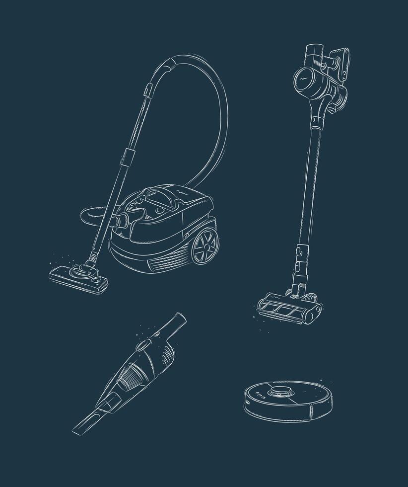 Vacuum cleaner set regular, cordless, robot, portable drawing in graphic style on blue background vector