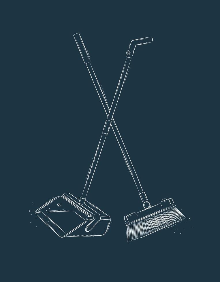 Flat broom and dustpan drawing in graphic style on blue background vector