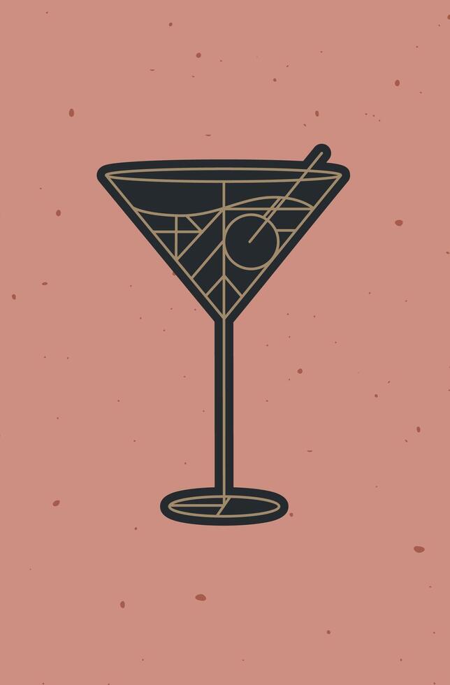 Art deco cocktail cosmopolitan drawing in line style on powder coral background vector