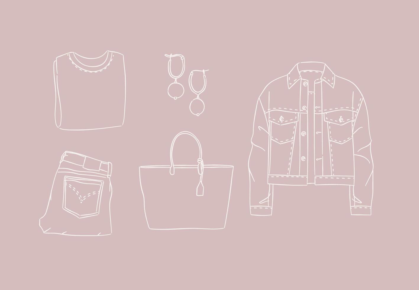 Set of clothes blouse, earrings, pants, jeans, bag, jacket for woman modern spring look in handdrawing style on peach background. vector