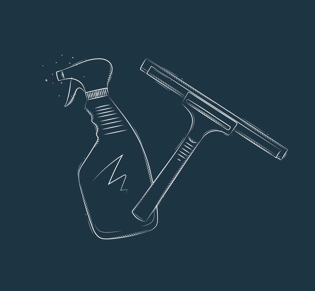 Glass scraper and cleaner drawing in graphic style on blue background vector