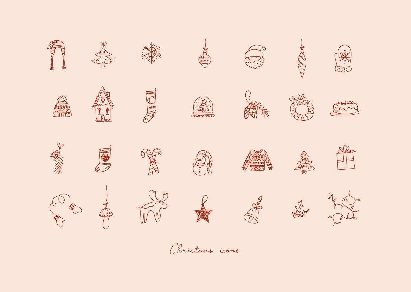 Christmas icons drawing in hand sketch style on peach color background vector