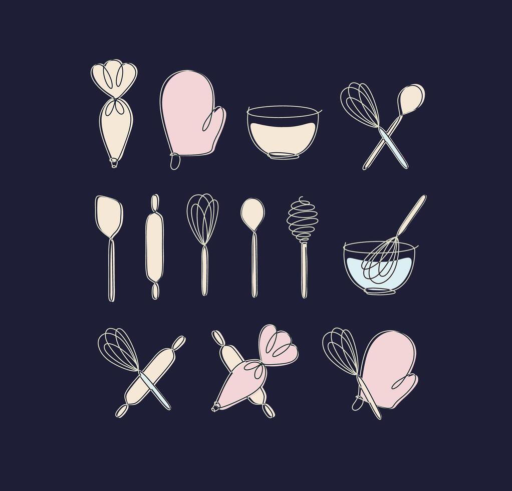 Linear bakery tools pastry bag, potholder, bowl, whisk, spoon, rolling pin, spatula drawing in pen line style on black background vector
