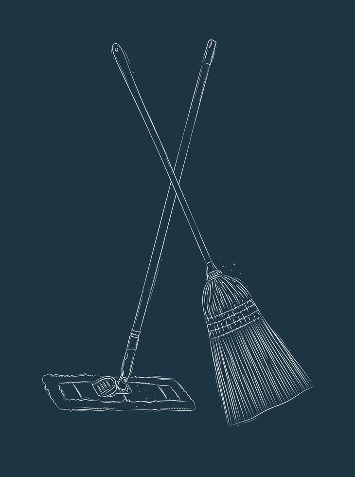 Broom and flat mop drawing in graphic style on blue background vector