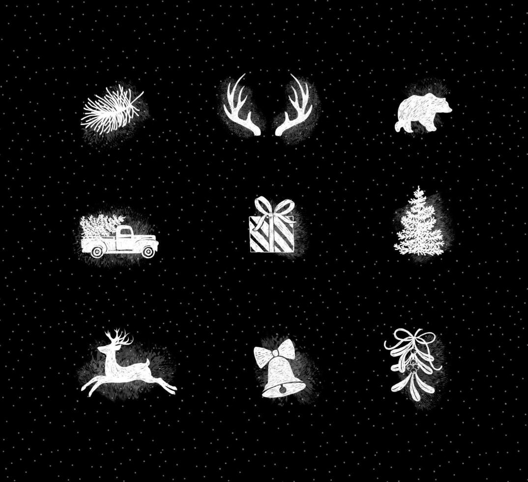 Set of decorative Christmas icon drawing with chalk in pen line style on chalkboard background. vector