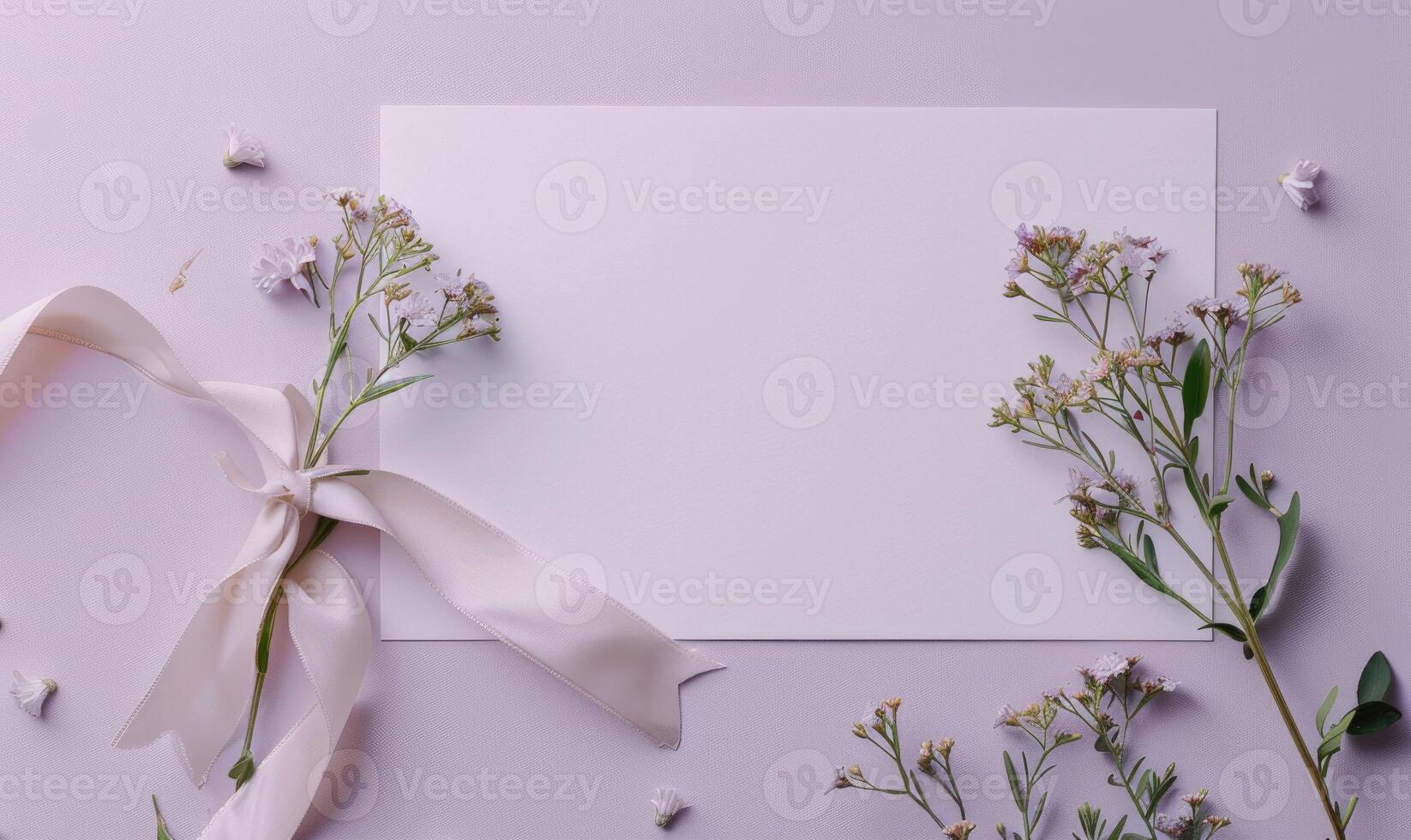 White blank card in a vintage bronze frame on a pastel lilac background, with a small bunch of wildflowers and a ribbon photo