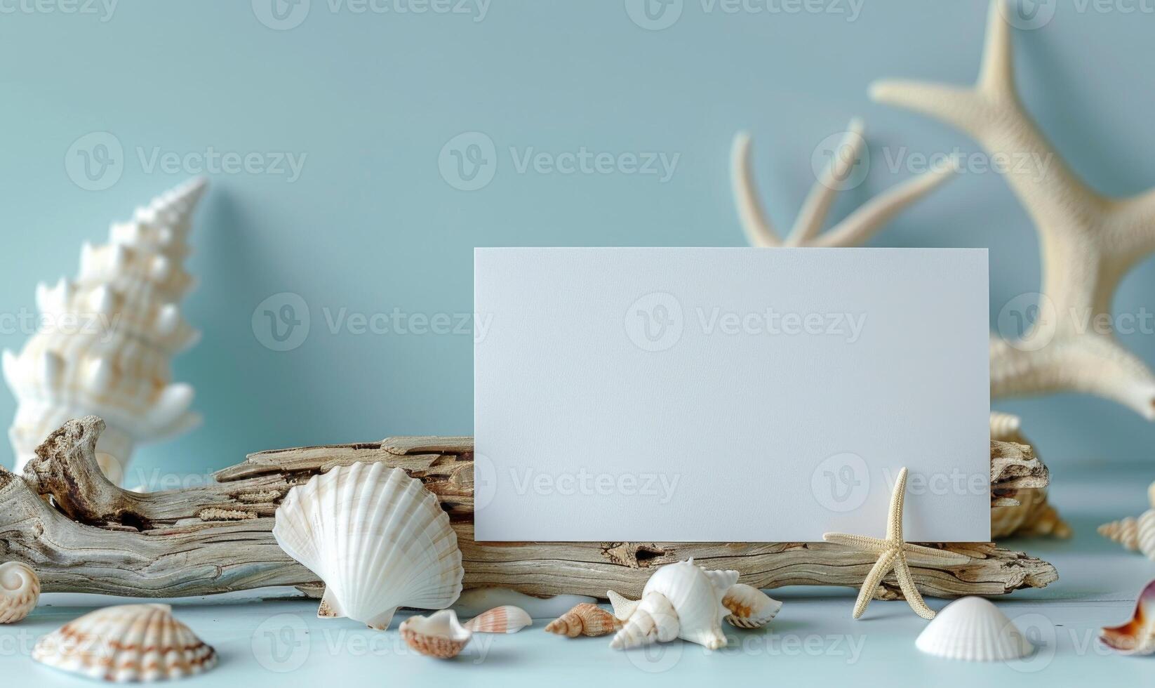 White blank card on a pastel sky blue background, with a small collection of seashells and a piece of driftwood photo