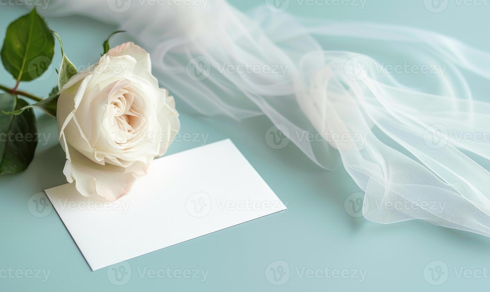 White blank card on a pastel sky blue table, with a single rose and a sheer ribbon photo