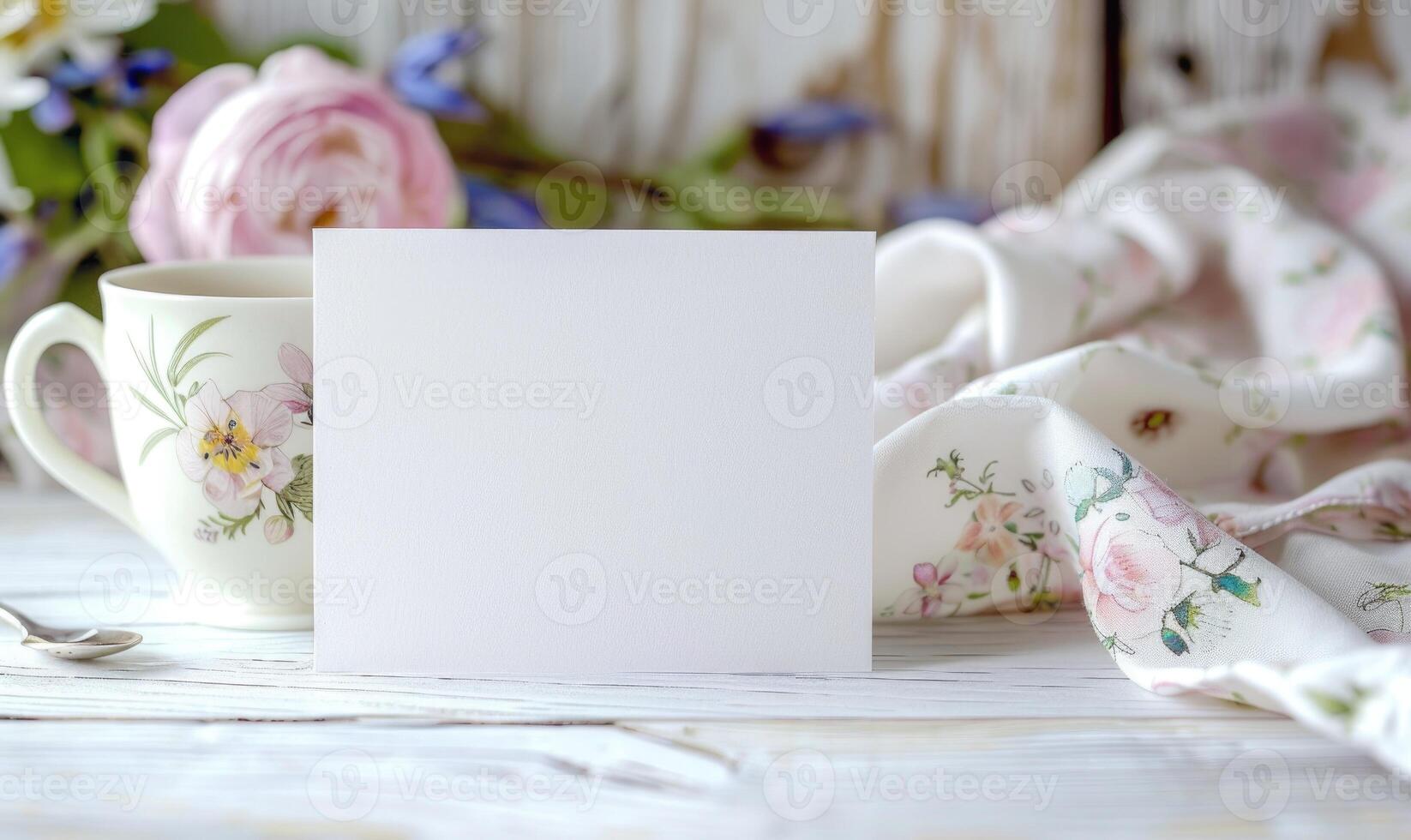 White blank card on a pastel ivory table, with a ceramic mug and a floral print napkin photo