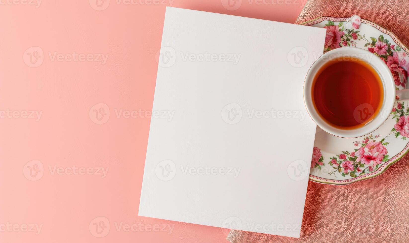 White blank card on a pastel peach background, with a vintage tea cup and saucer photo