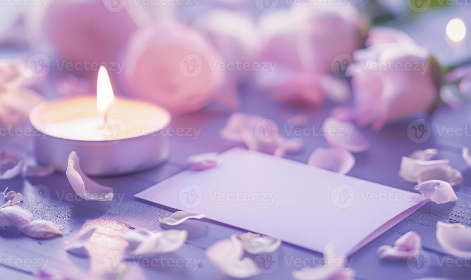 White blank card on a pastel lavender table, with a scattering of petals and a lit candle photo
