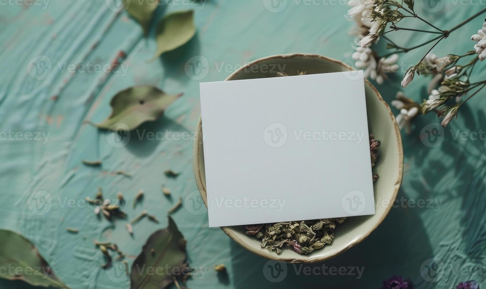 White blank card on a pastel sage green background, with a small ceramic dish of potpourri photo