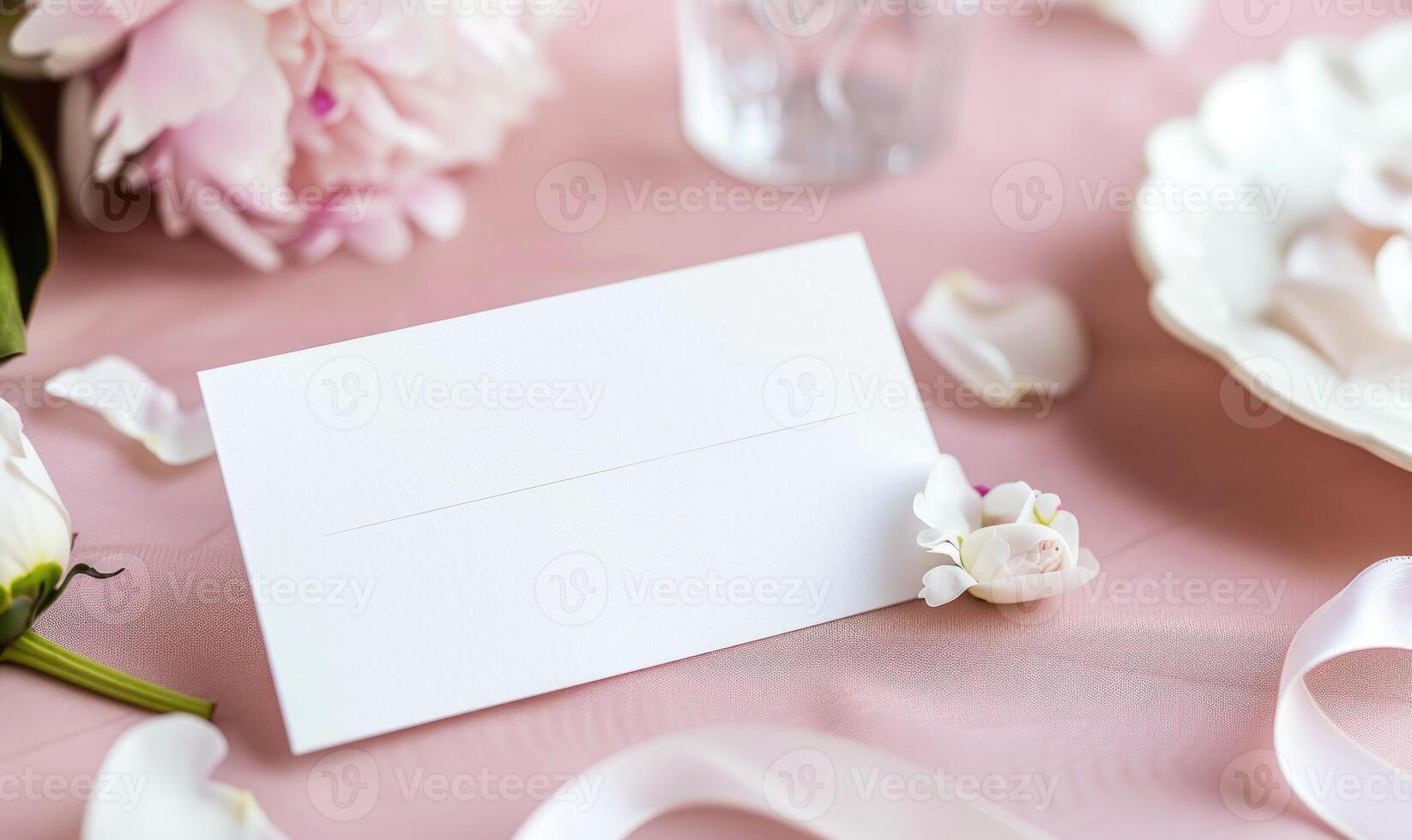 White blank card on a pastel rose pink table, with a piece of satin ribbon and a single peony flower photo