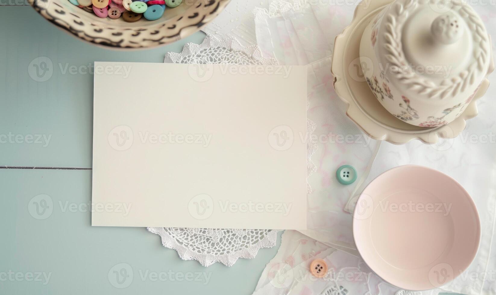 White blank card on a pastel ivory table, with a crochet doily and a small bowl of colorful buttons photo