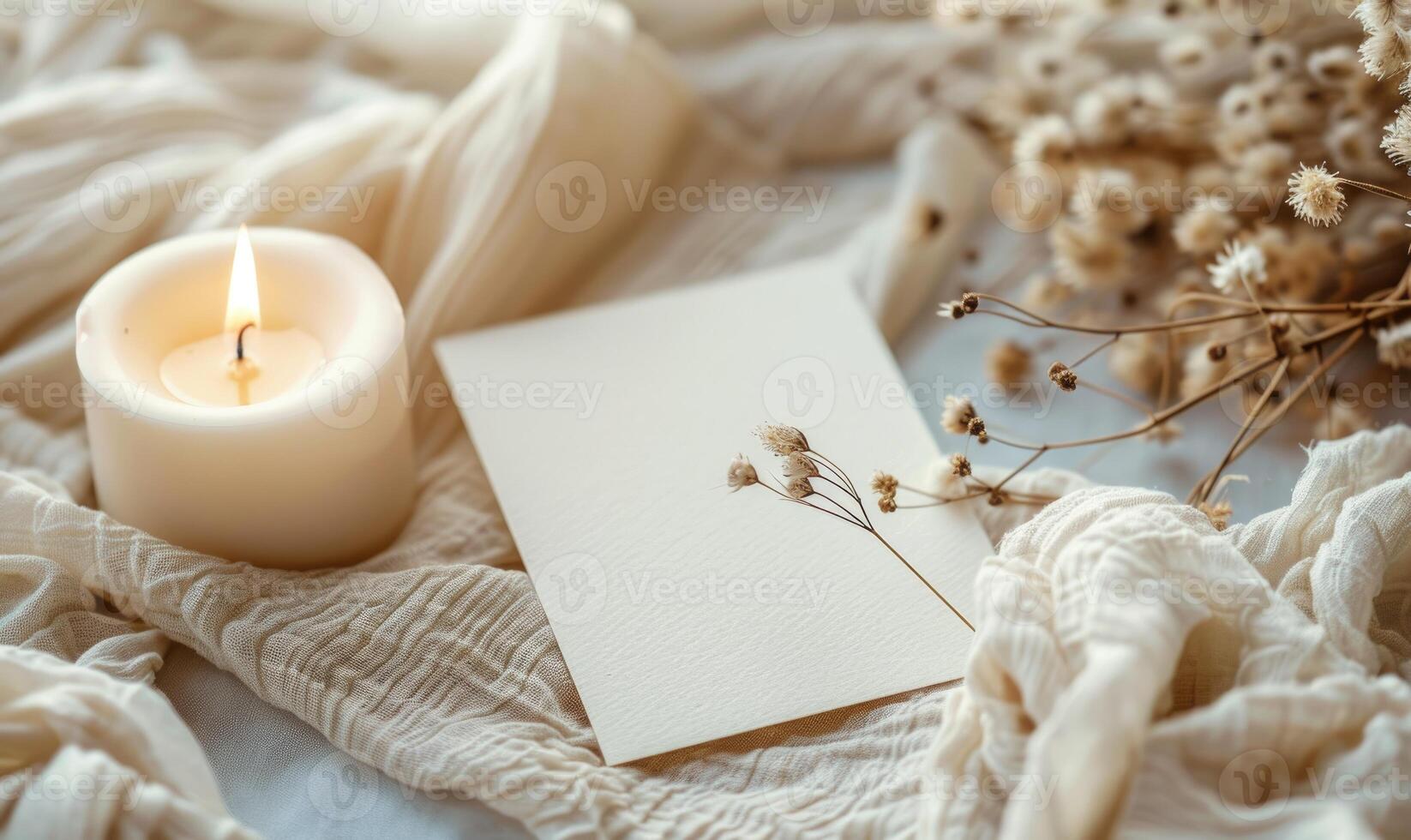 White blank card on a pastel cream background, with a piece of linen cloth and a handmade candle photo
