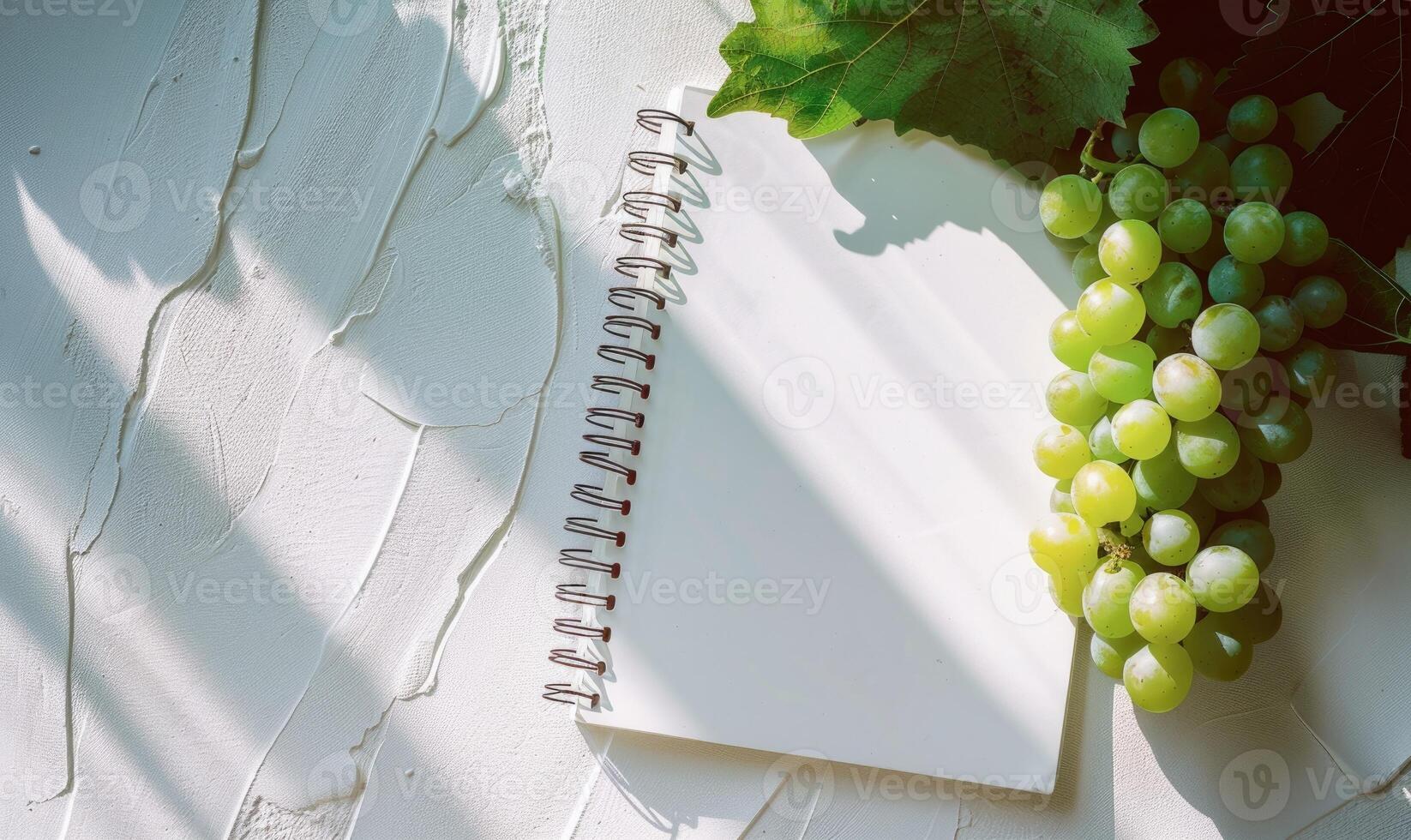 Closed notebook on a white table with a bunch of grapes photo