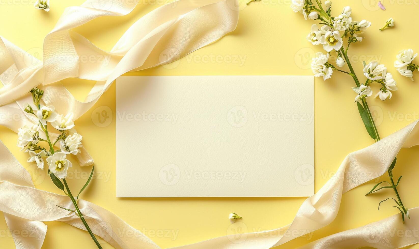 White blank card on a pastel yellow background, with a piece of lace and a small bouquet of wildflowers photo