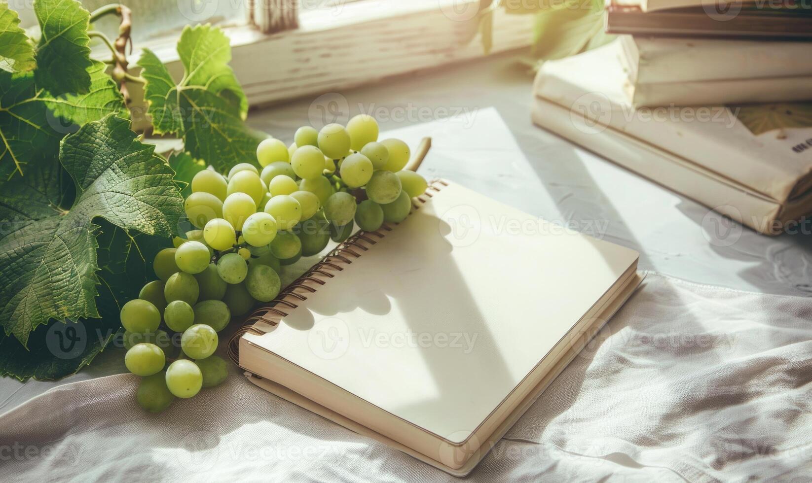 Closed notebook on a light gray table with a bunch of grapes on the right photo