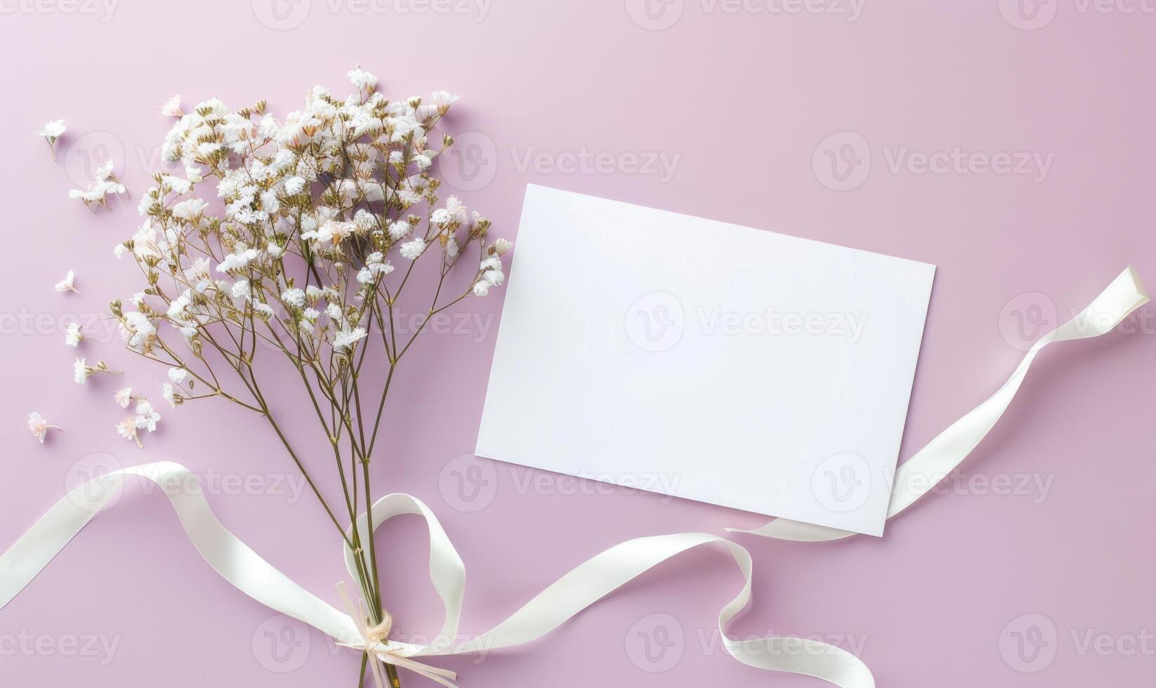 White blank card on a pastel lilac background, with a small bunch of wildflowers and a ribbon photo
