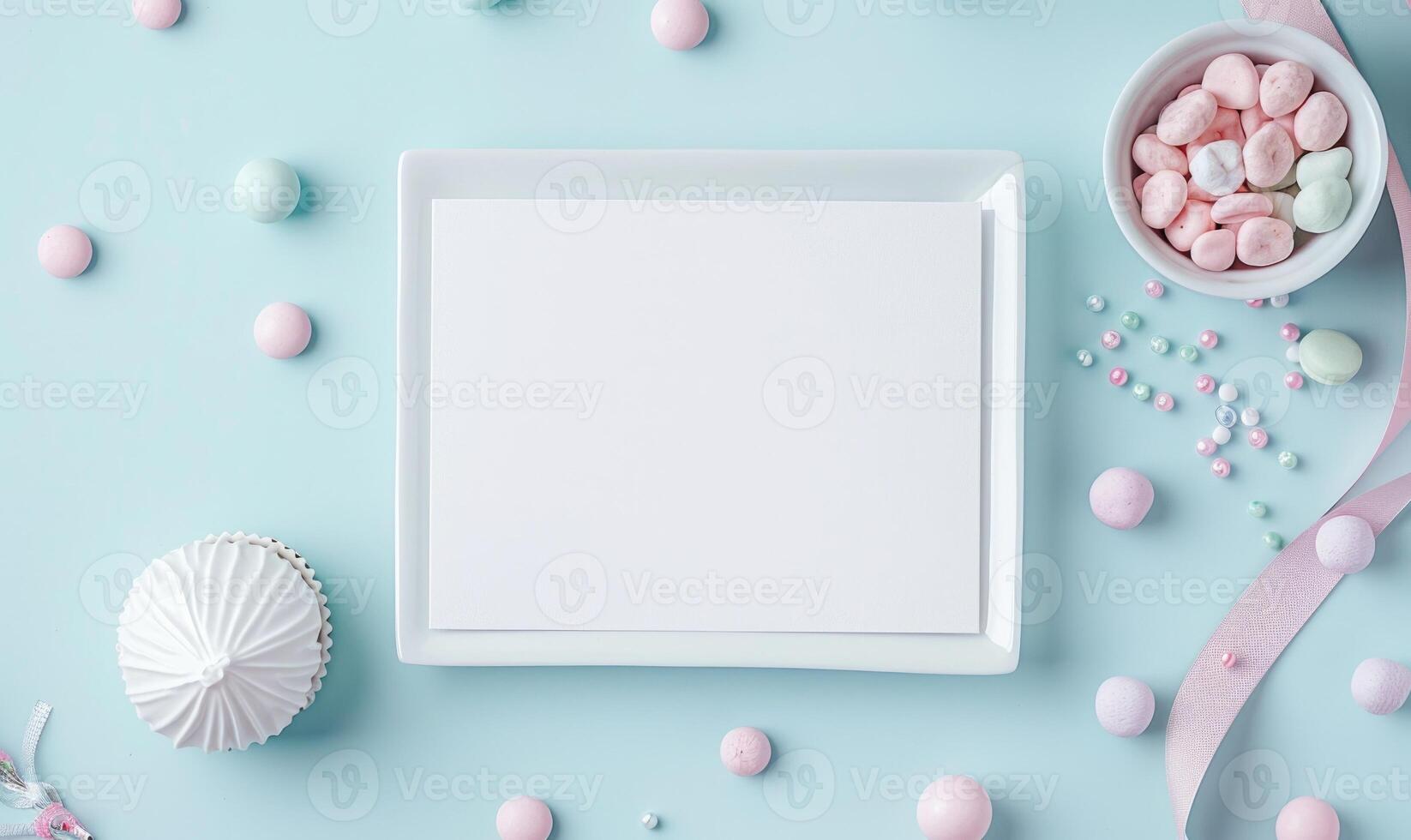 White blank card on a pastel sky blue table, with a white ceramic bowl and pastel colored beads photo