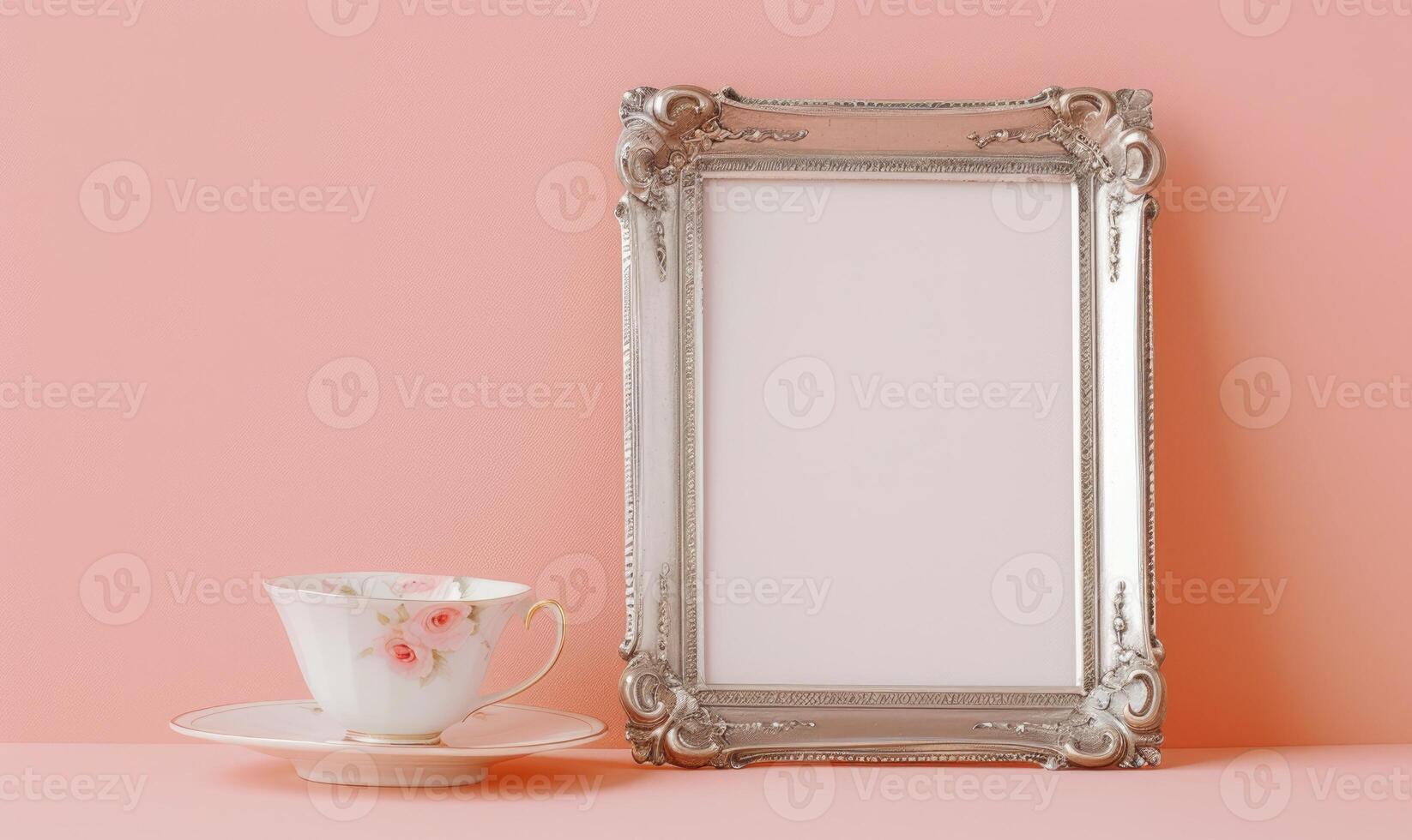 White blank card in a vintage silver frame on a pastel peach background, with a vintage tea cup photo