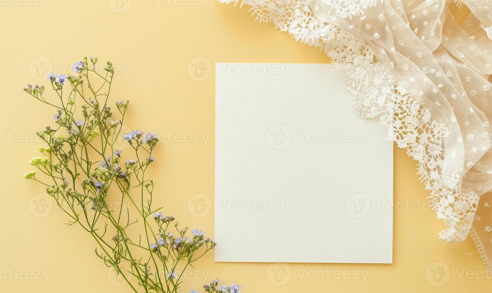 White blank card on a pastel yellow background, with a piece of lace and a small bouquet of wildflowers photo